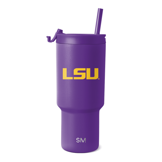 Purple tumbler with gold LSU logo and yellow accents