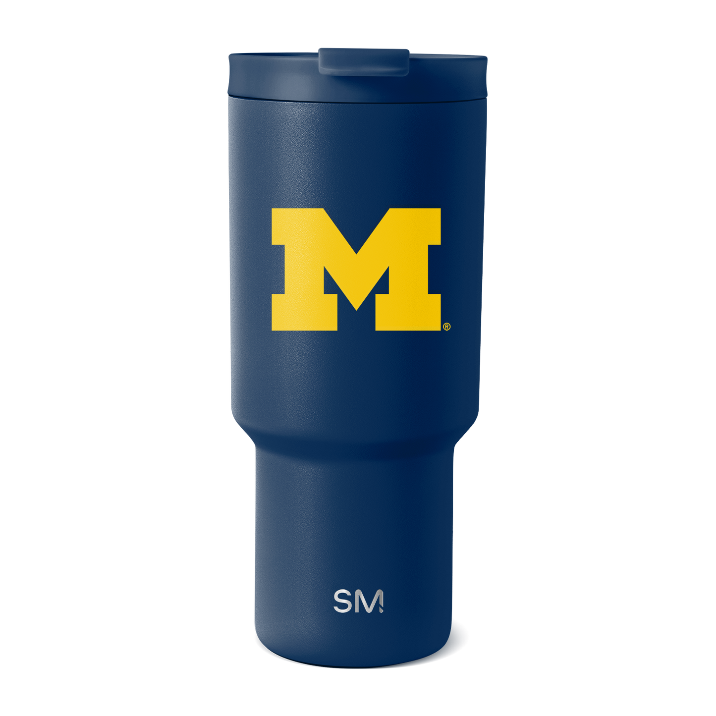 Navy blue insulated tumbler with golden yellow logo graphic