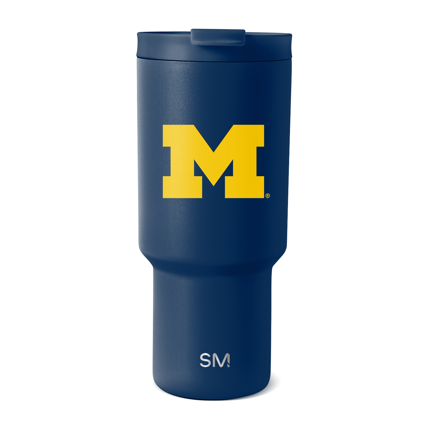 Navy blue insulated tumbler with golden yellow logo graphic