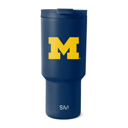 Navy blue insulated tumbler with golden yellow logo graphic