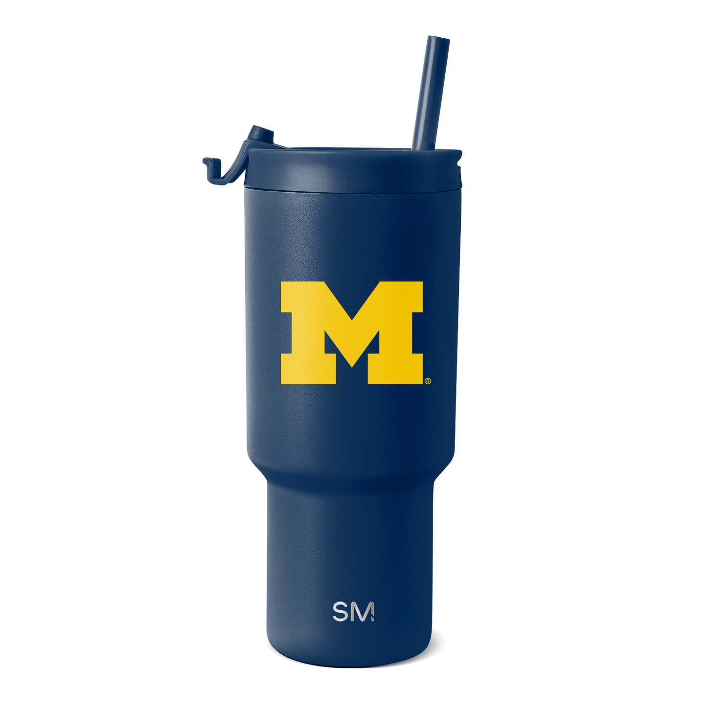 Deep navy blue tumbler with bright golden yellow "M" logo and white text at the bottom
