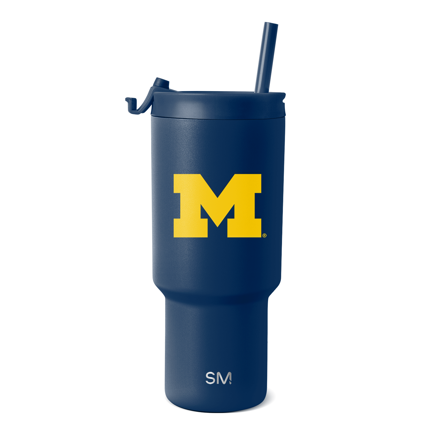Deep navy blue tumbler with bright golden yellow "M" logo and white text at the bottom