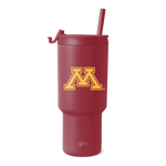 Deep maroon tumbler with matching lid and straw, featuring University of Minnesota logo