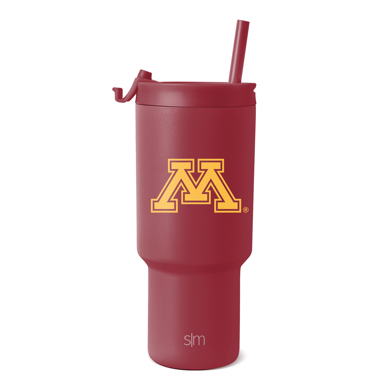 Deep maroon tumbler with matching lid and straw, featuring University of Minnesota logo