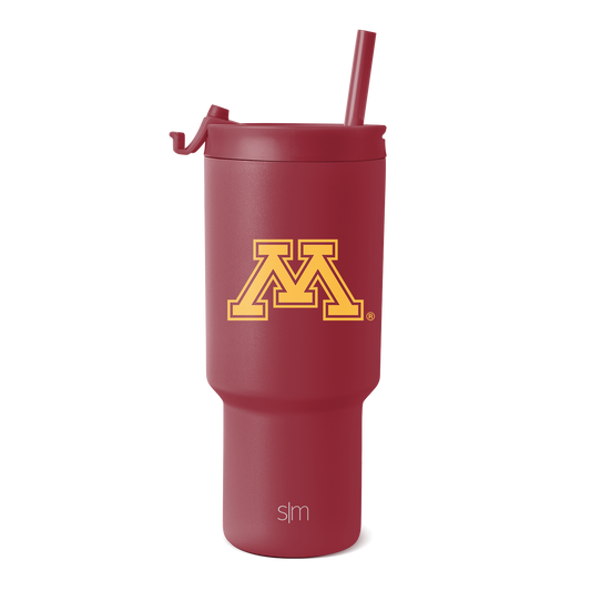 Deep maroon tumbler with matching lid and straw, featuring University of Minnesota logo