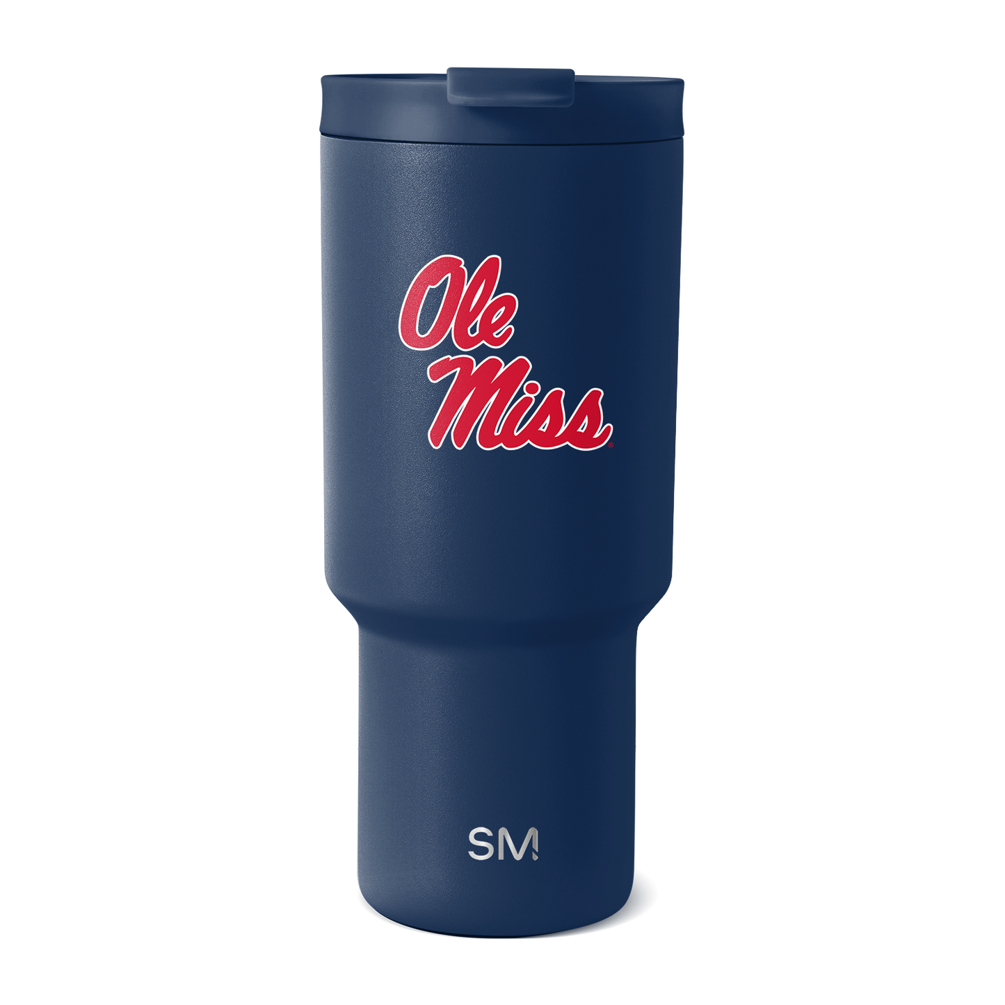 Deep navy blue tumbler with bright red Ole Miss logo and white SM branding at base