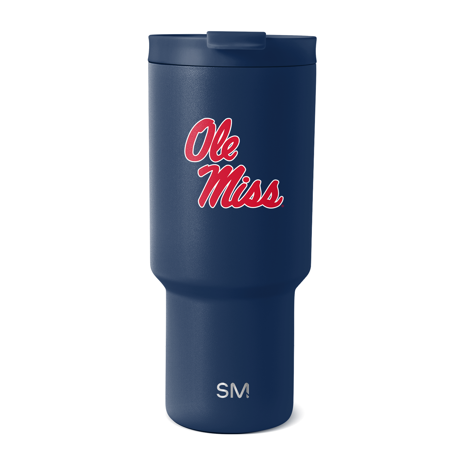 Deep navy blue tumbler with bright red Ole Miss logo and white SM branding at base