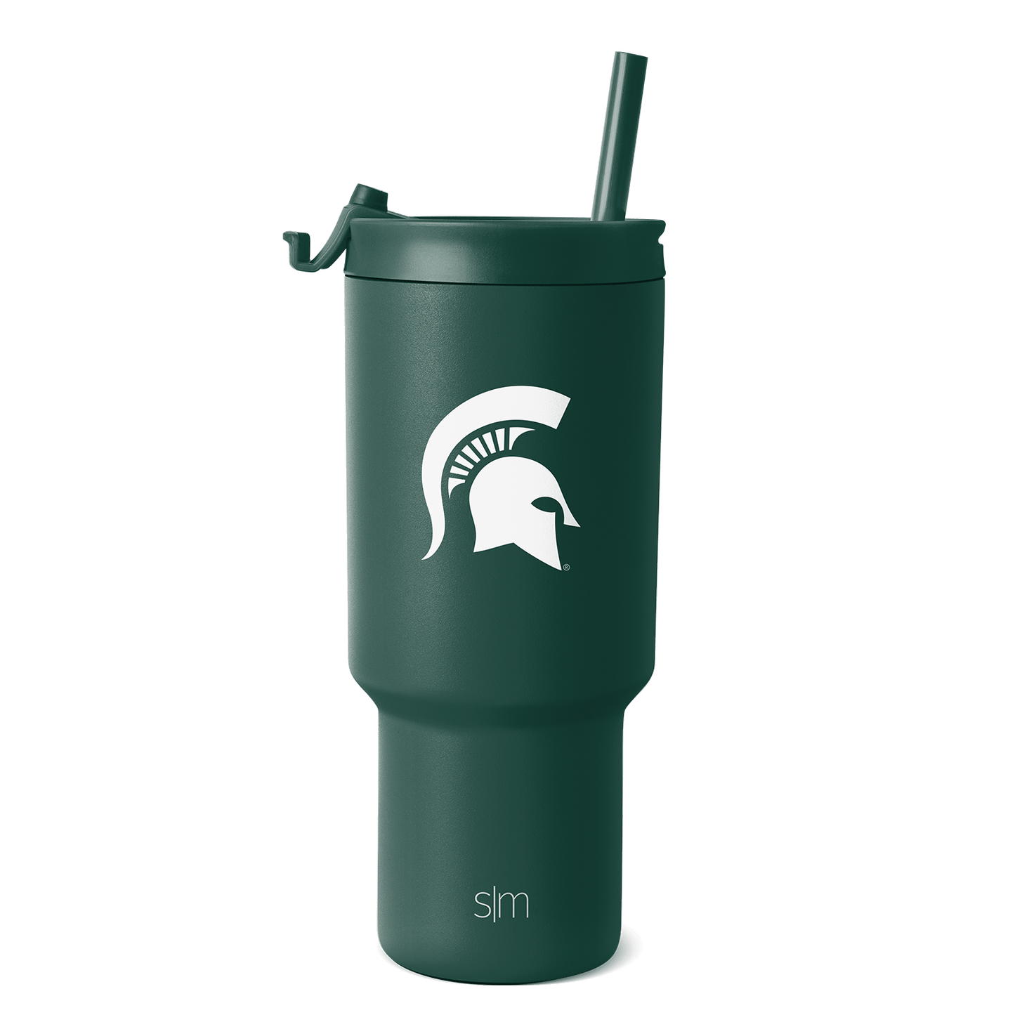 Forest green insulated tumbler with white logo and text branding