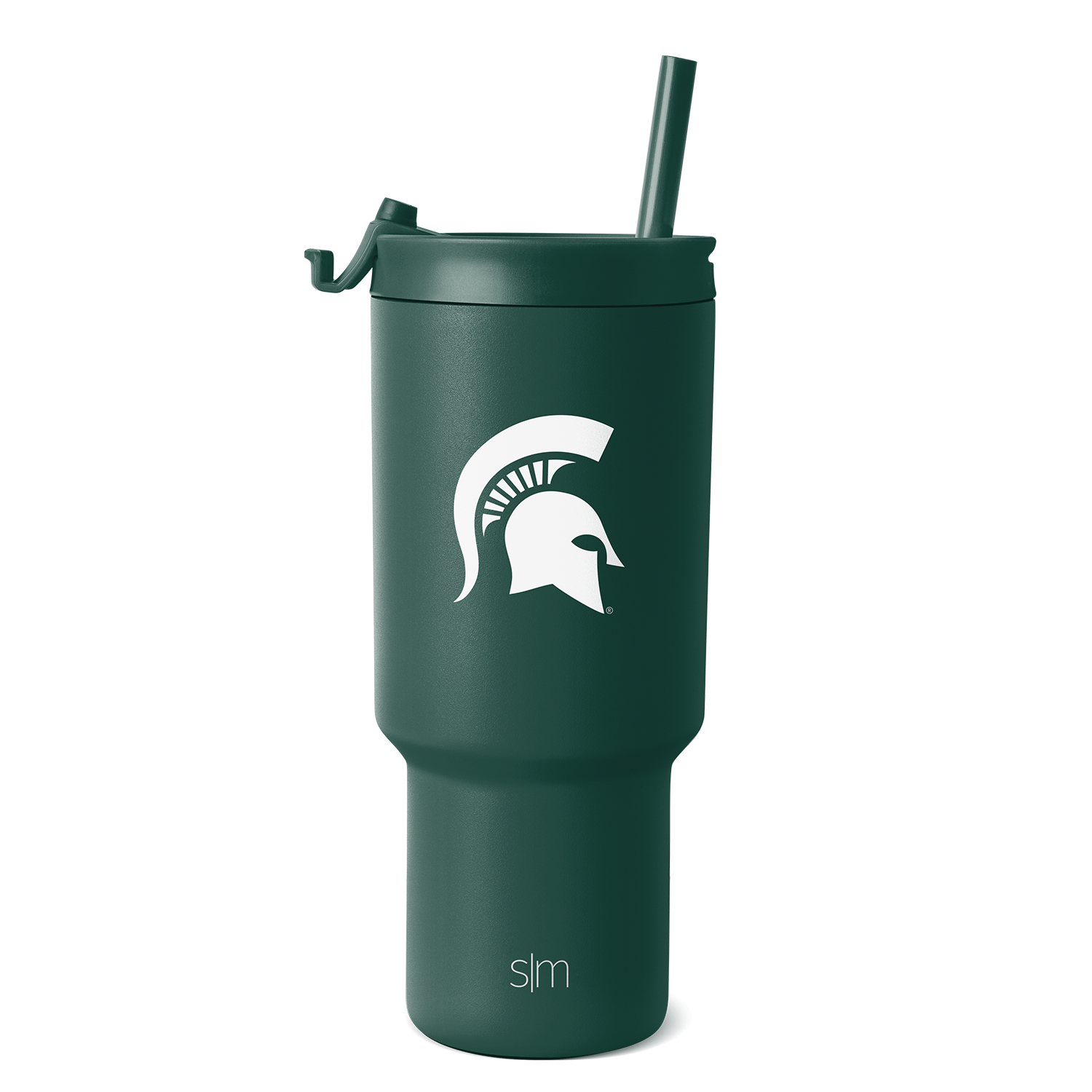 Forest green insulated tumbler with white logo and text branding