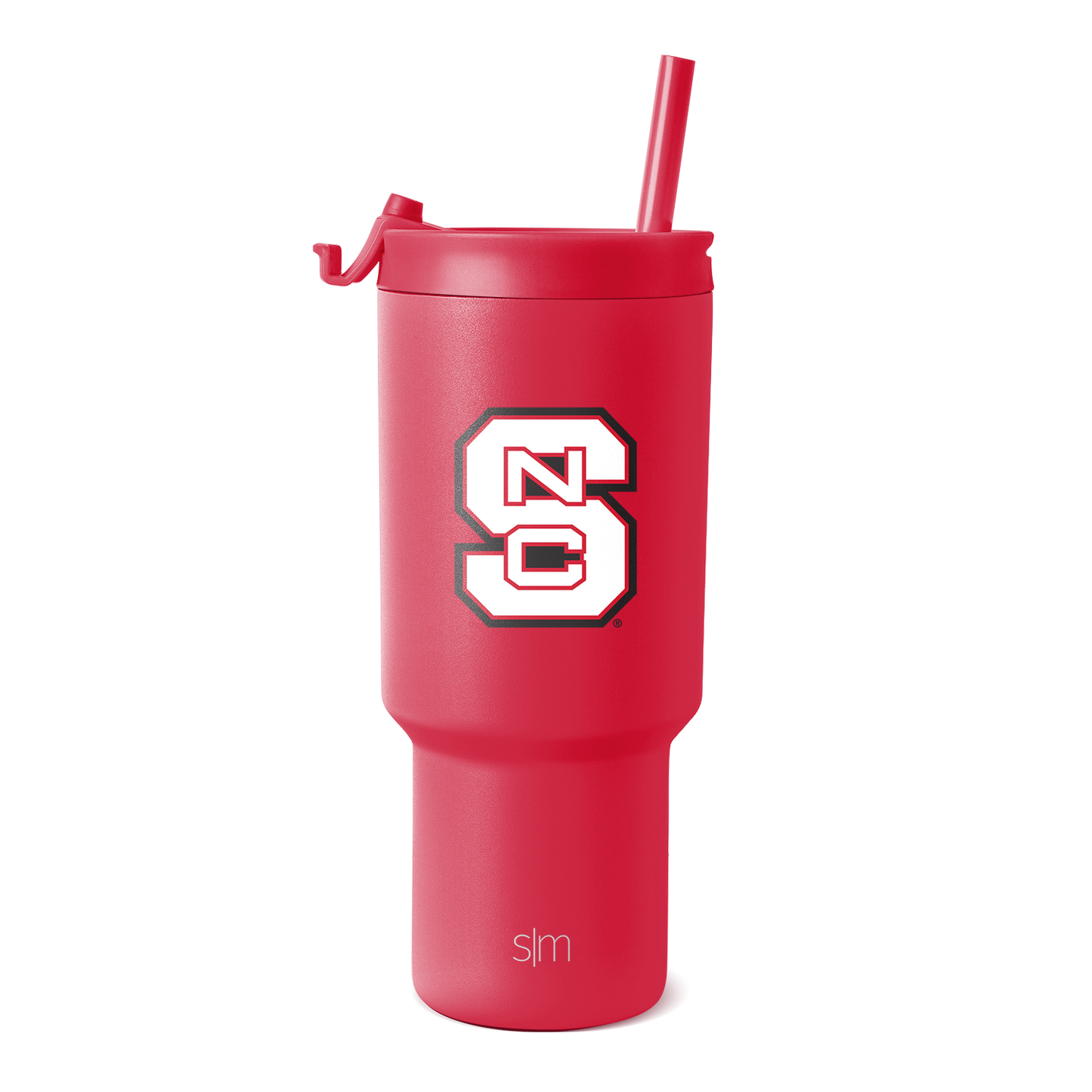 Hot pink stainless steel tumbler with matching integrated straw and logo branding on lower section