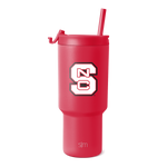 Hot pink stainless steel tumbler with matching integrated straw and logo branding on lower section