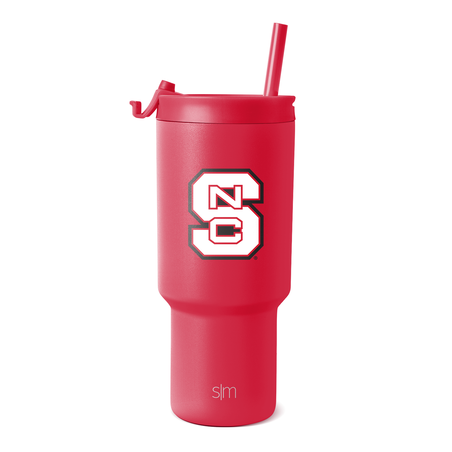 Hot pink stainless steel tumbler with matching integrated straw and logo branding on lower section