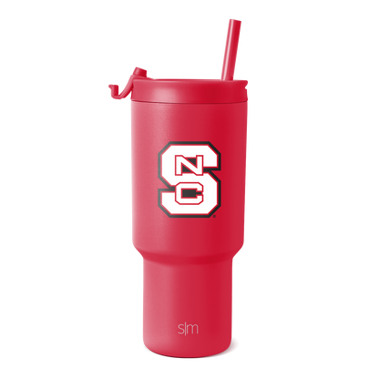 Hot pink stainless steel tumbler with matching integrated straw and logo branding on lower section