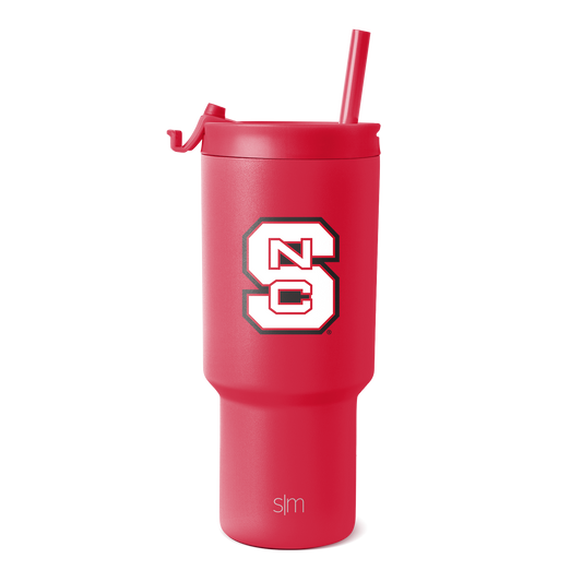 Hot pink stainless steel tumbler with matching integrated straw and logo branding on lower section