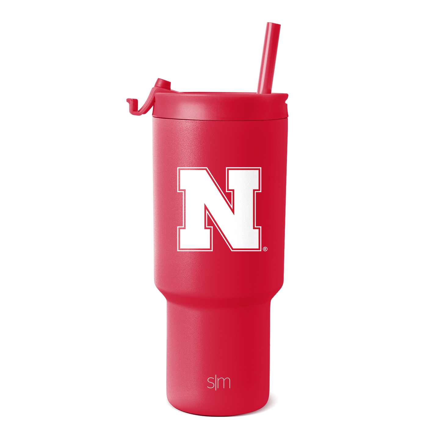 Crimson red tumbler with matching red straw on white background