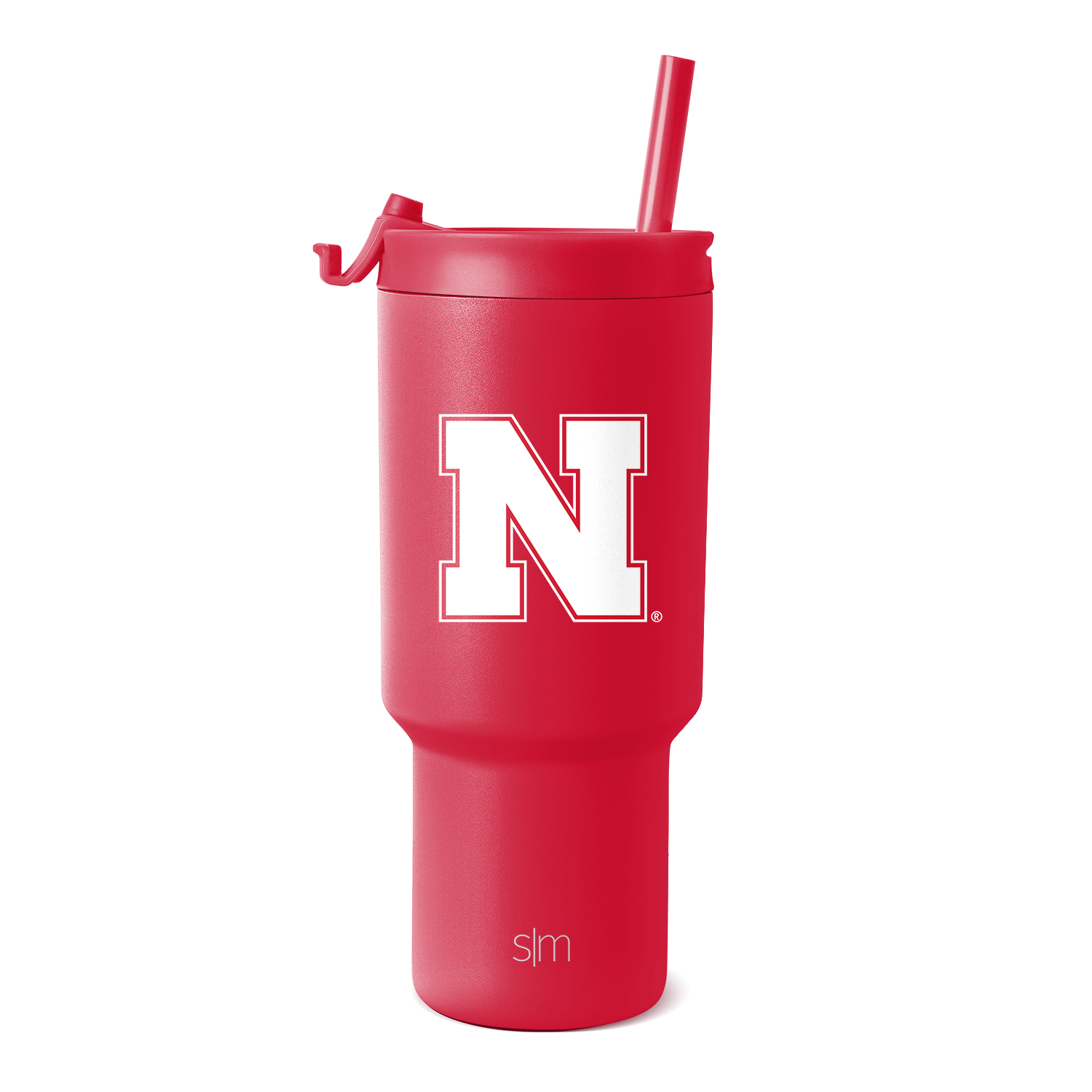 Crimson red tumbler with matching red straw on white background