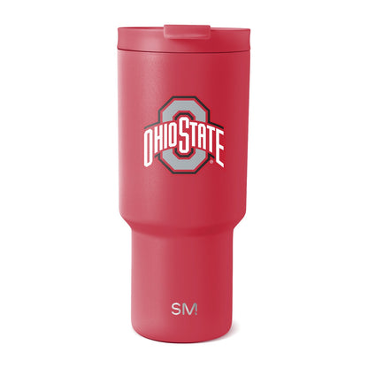 Coral-red tumbler with matching lid and base accents, featuring white and gray design elements with Ohio branding