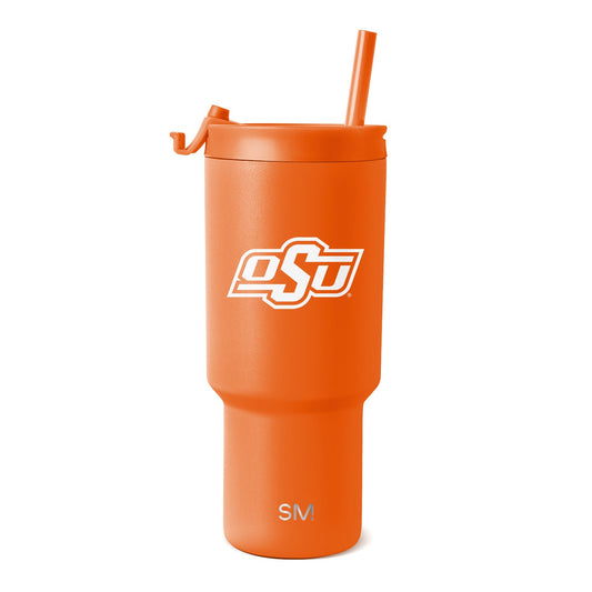 Bright orange tumbler with matching orange straw on white background, featuring white text and logos