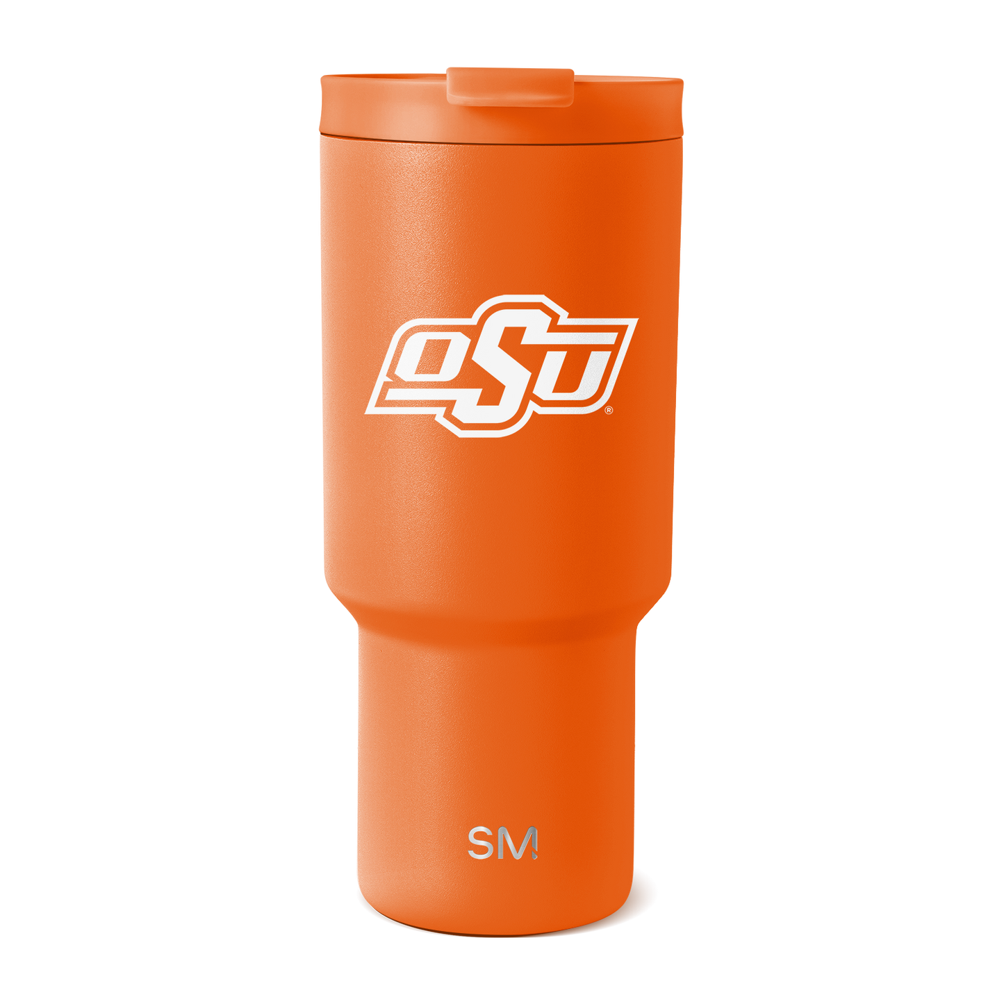 Bright orange tumbler with matching orange lid and white logo branding