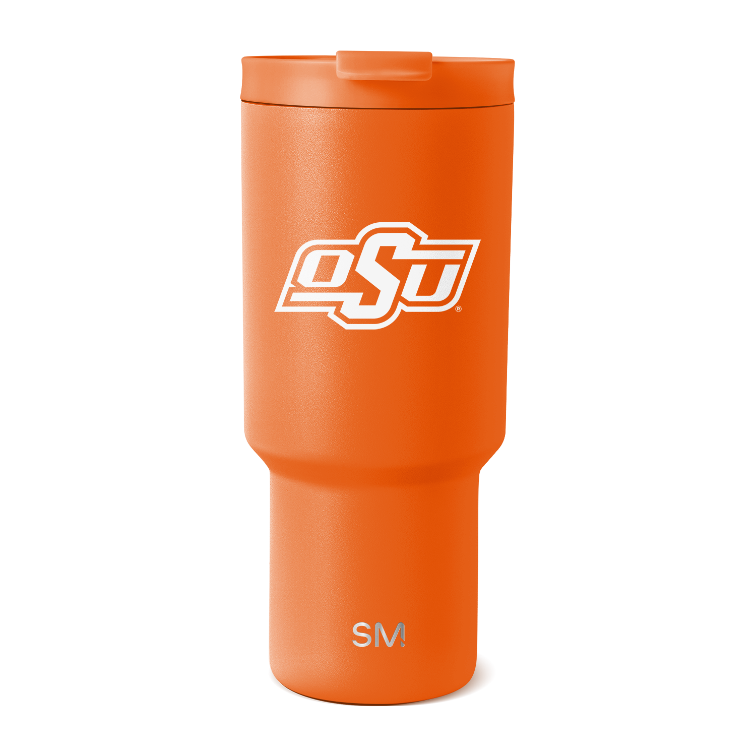 Bright orange tumbler with matching orange lid and white logo branding