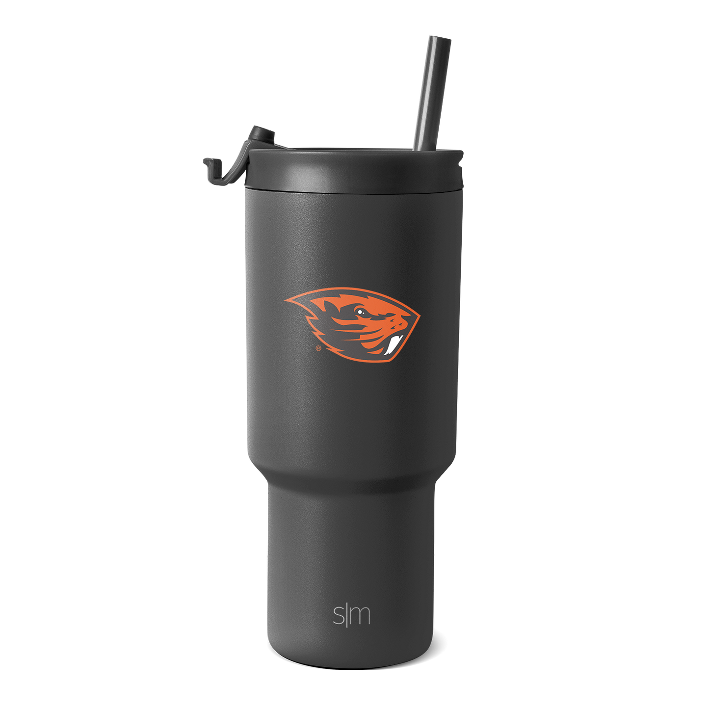 Charcoal gray insulated tumbler with tapered base and wider upper chamber on white background