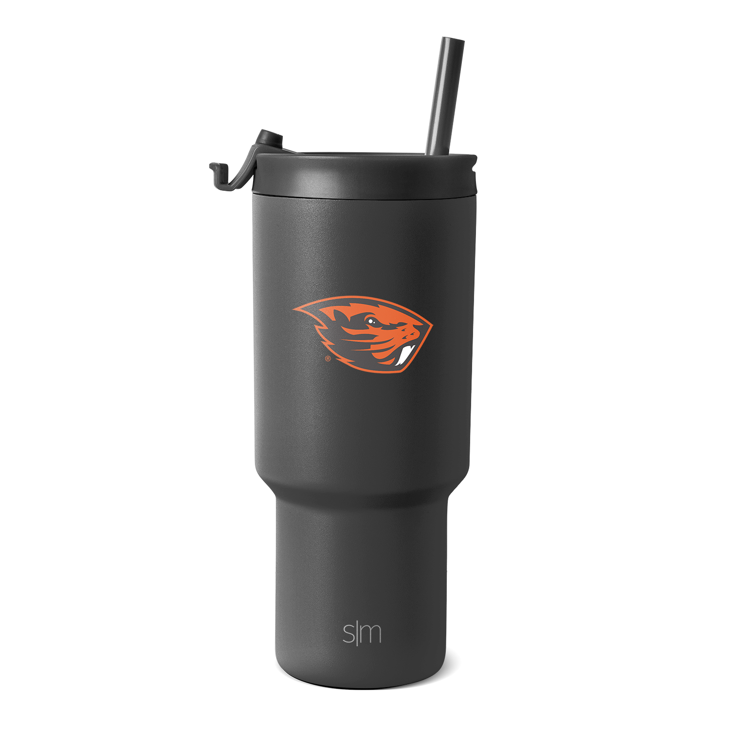 Charcoal gray insulated tumbler with tapered base and wider upper chamber on white background