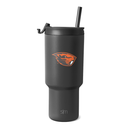 Charcoal gray insulated tumbler with tapered base and wider upper chamber on white background