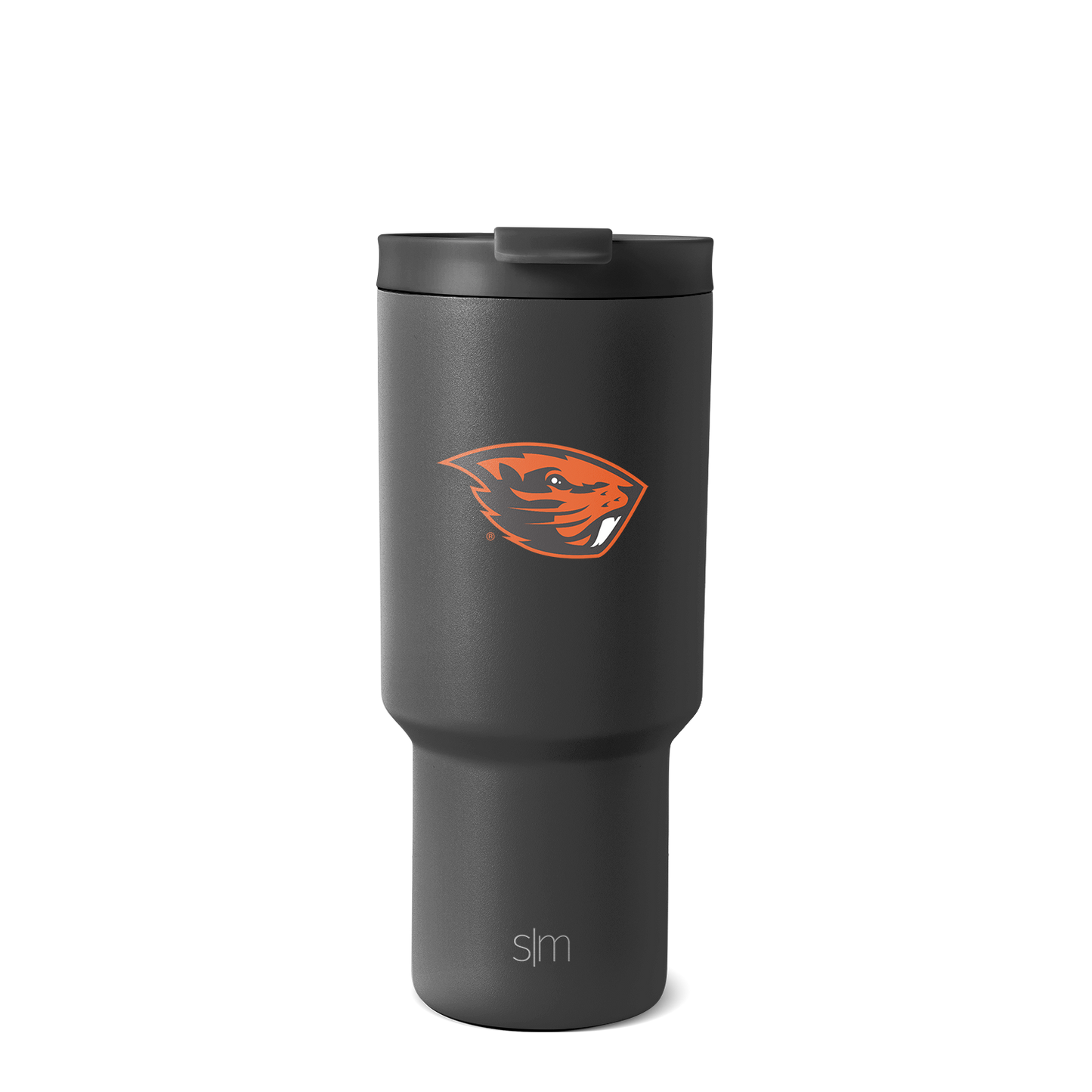 Charcoal gray tumbler with vibrant orange collegiate logo
