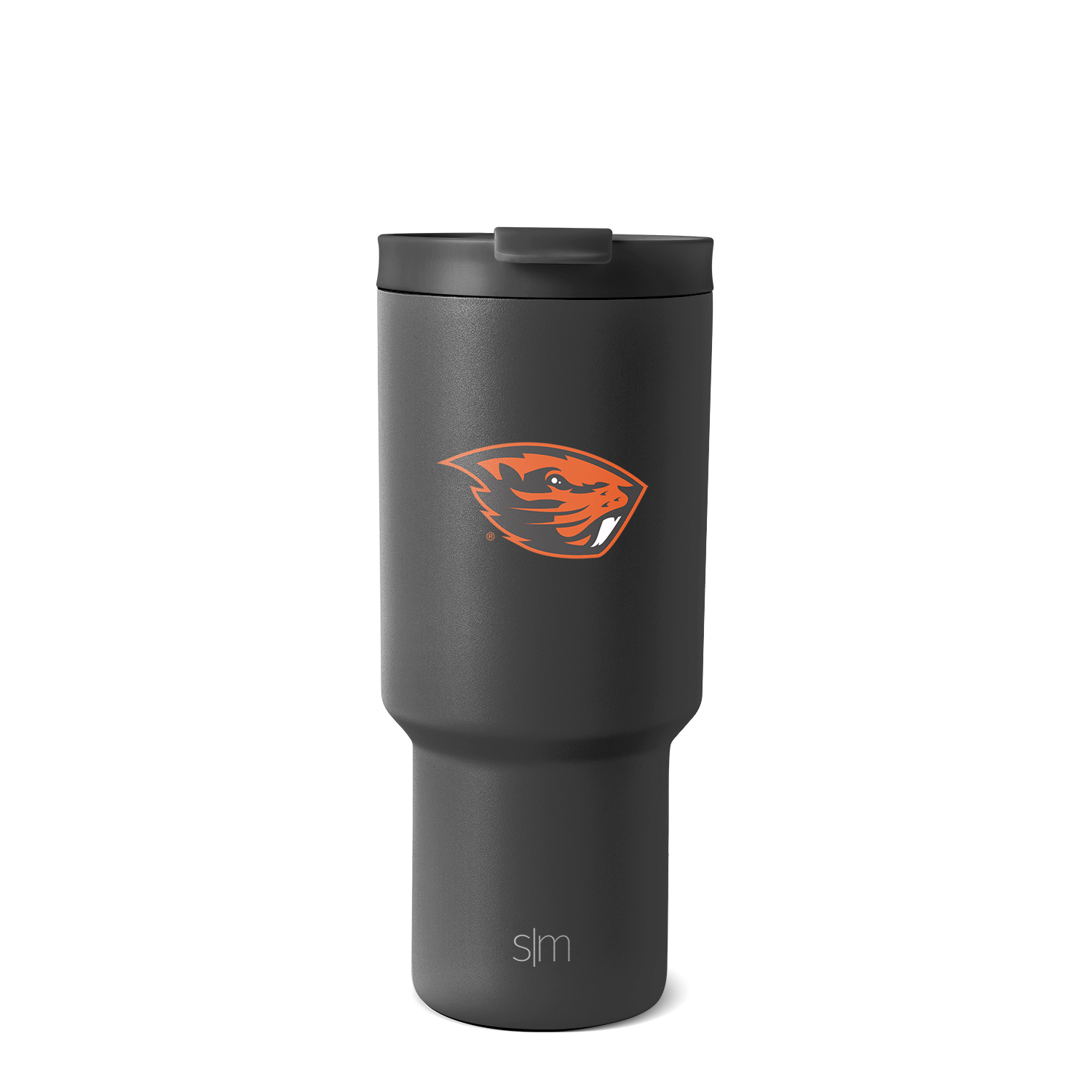 Charcoal gray tumbler with vibrant orange collegiate logo