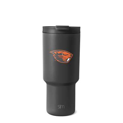 Charcoal gray tumbler with vibrant orange collegiate logo
