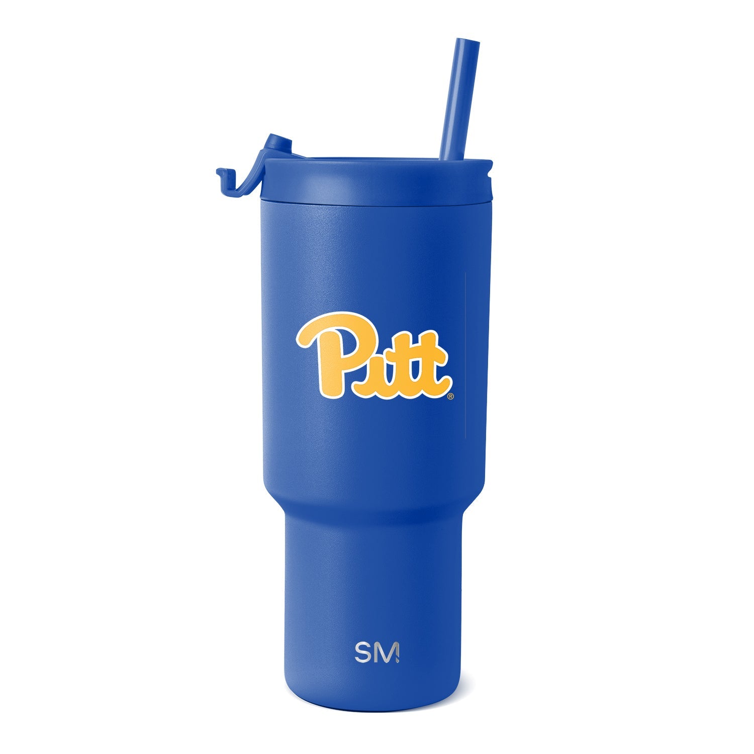 Royal blue tumbler with yellow and gold Pittsburgh logo and white text