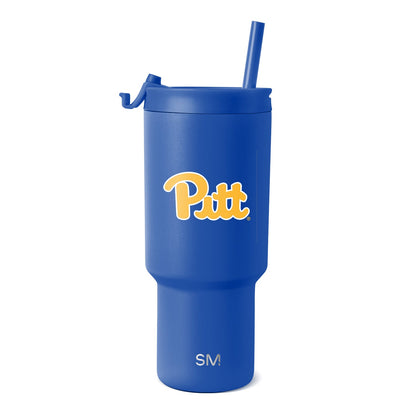 Royal blue tumbler with yellow and gold Pittsburgh logo and white text