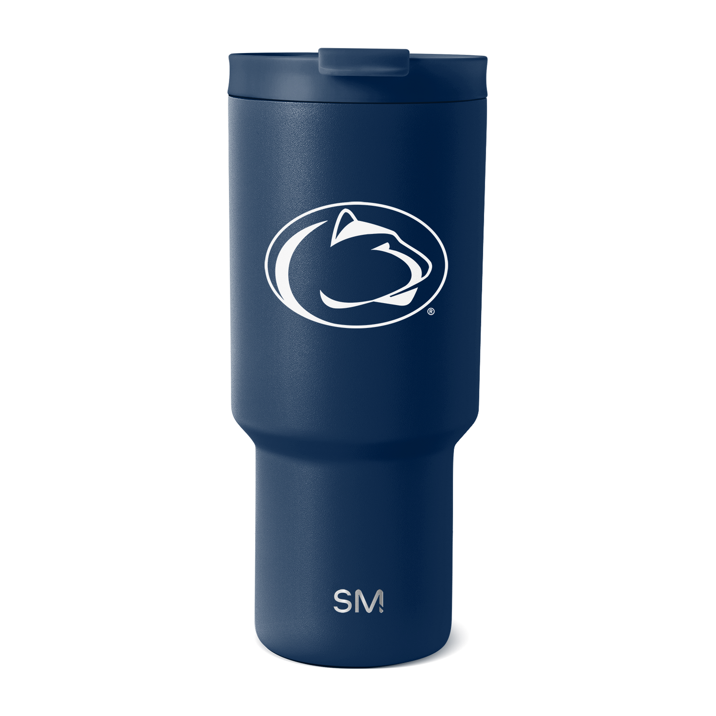 Deep navy blue matte tumbler with darker navy lid and white graphics and text