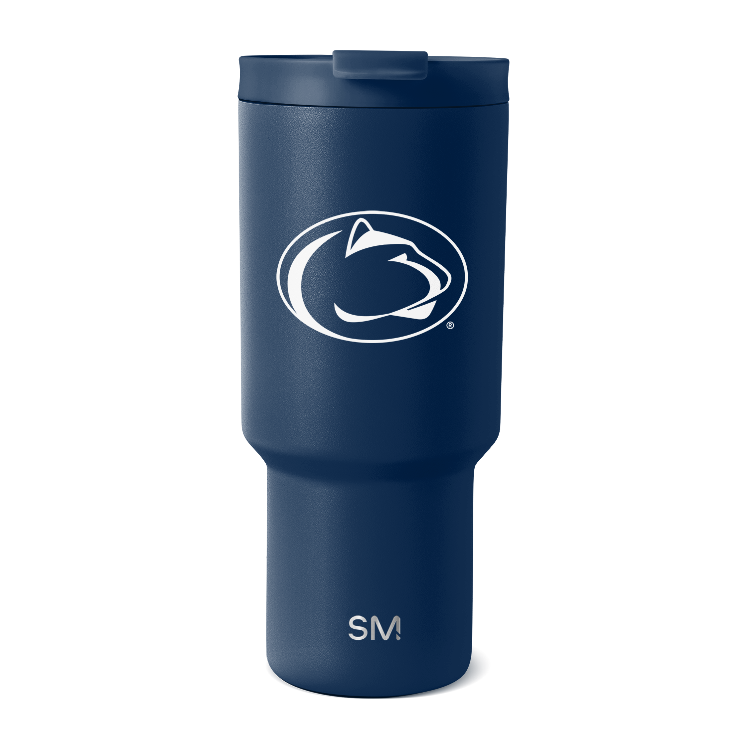 Deep navy blue matte tumbler with darker navy lid and white graphics and text