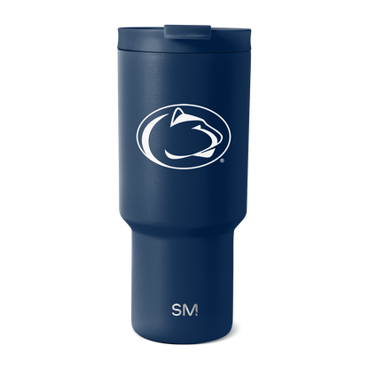 Deep navy blue matte tumbler with darker navy lid and white graphics and text