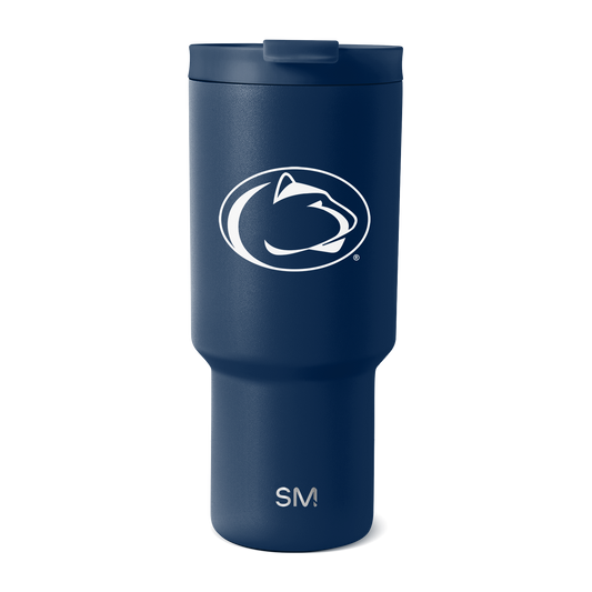 Deep navy blue matte tumbler with darker navy lid and white graphics and text