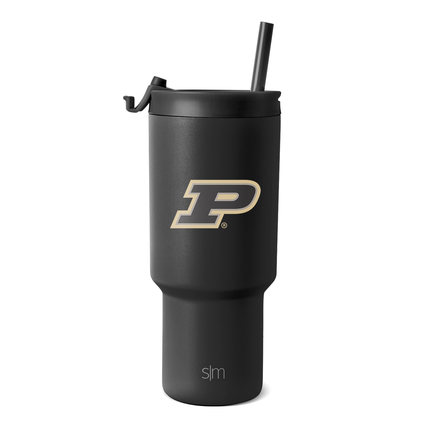 Black and charcoal gray tumbler with metallic gold logo accent, sleek modern design