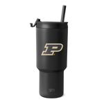 Black and charcoal gray tumbler with metallic gold logo accent, sleek modern design