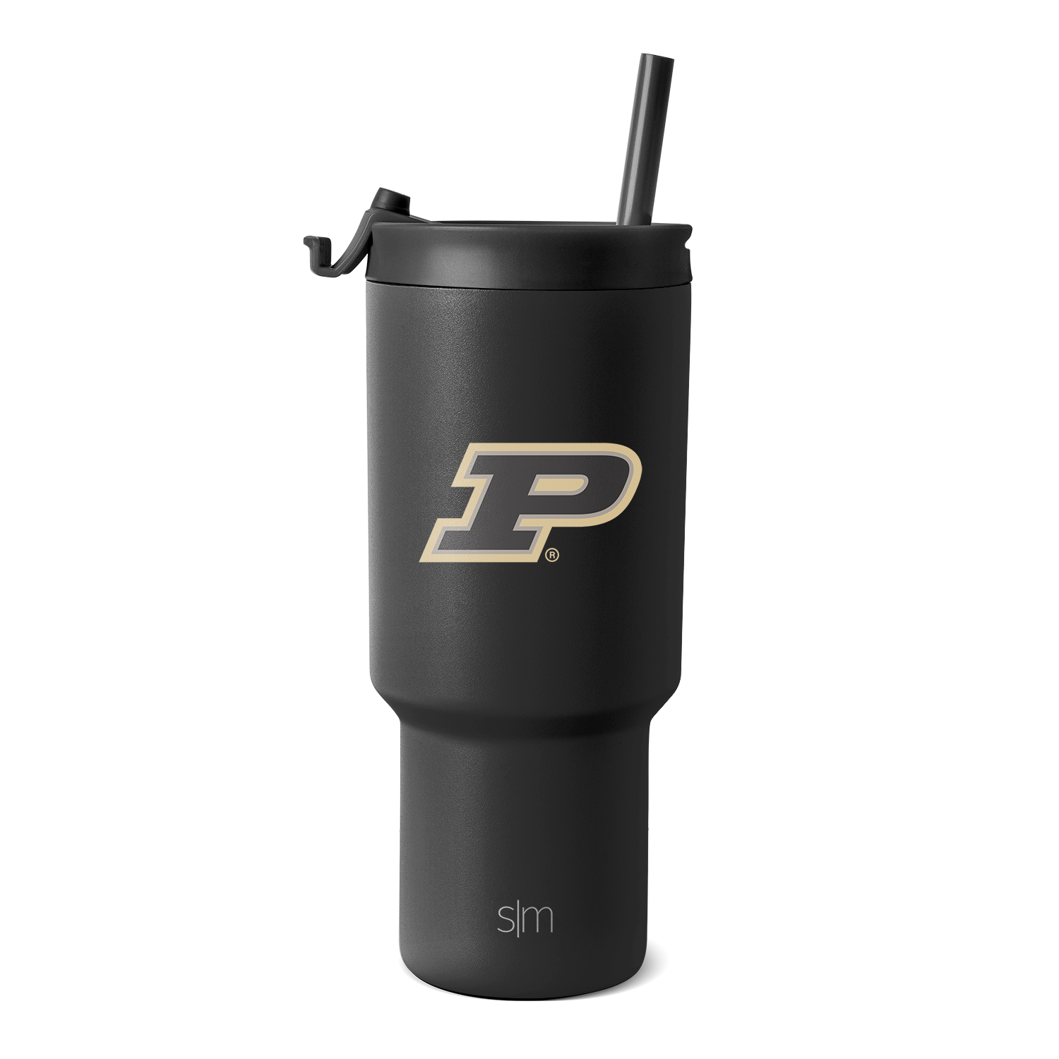 Black and charcoal gray tumbler with metallic gold logo accent, sleek modern design