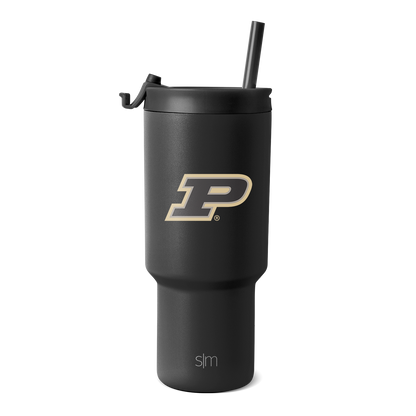 Black and charcoal gray tumbler with metallic gold logo accent, sleek modern design