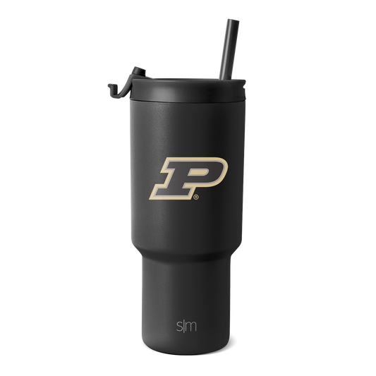 Black and charcoal gray tumbler with metallic gold logo accent, sleek modern design