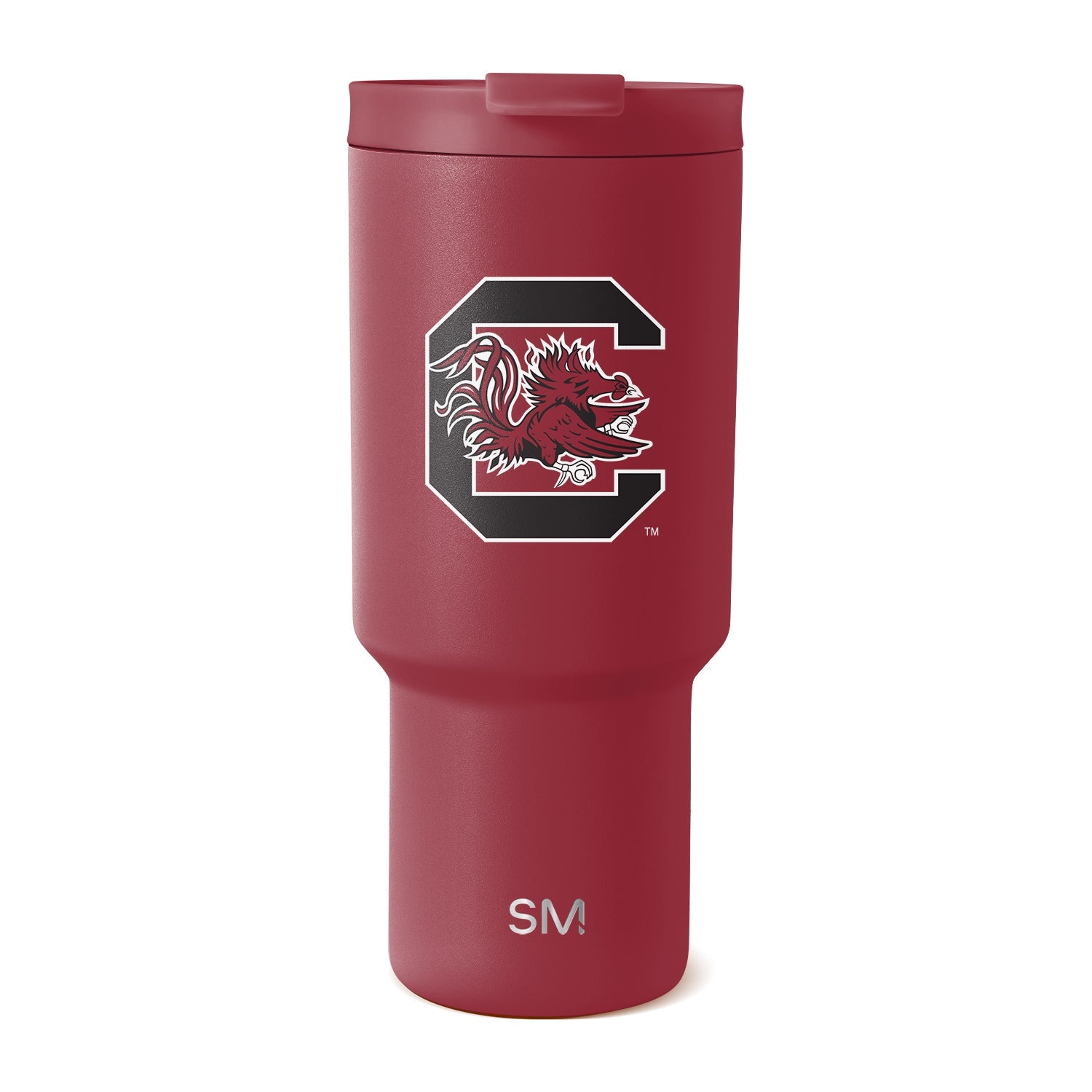 Burgundy red tumbler with black and white logo graphic accent