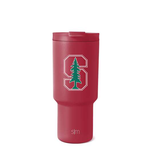 Deep burgundy matte tumbler with white outlined decorative emblem design