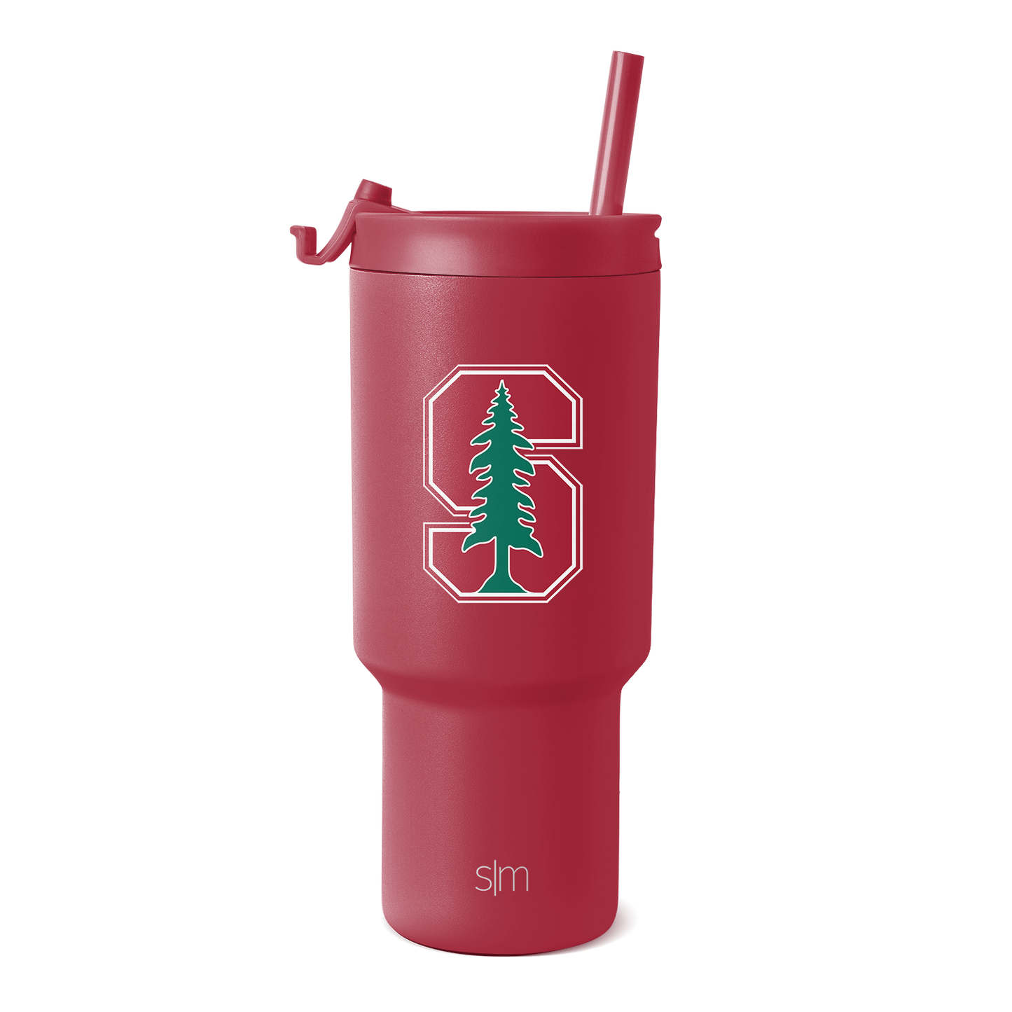 Burgundy wine-red tumbler with green and white decorative graphics on white background.