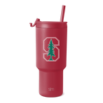 Burgundy wine-red tumbler with green and white decorative graphics on white background.