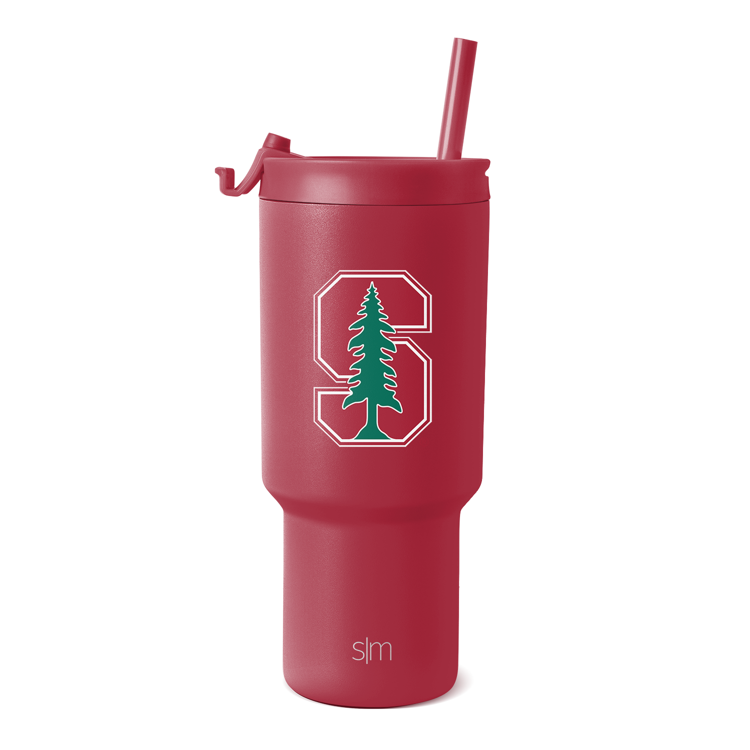 Burgundy wine-red tumbler with green and white decorative graphics on white background.