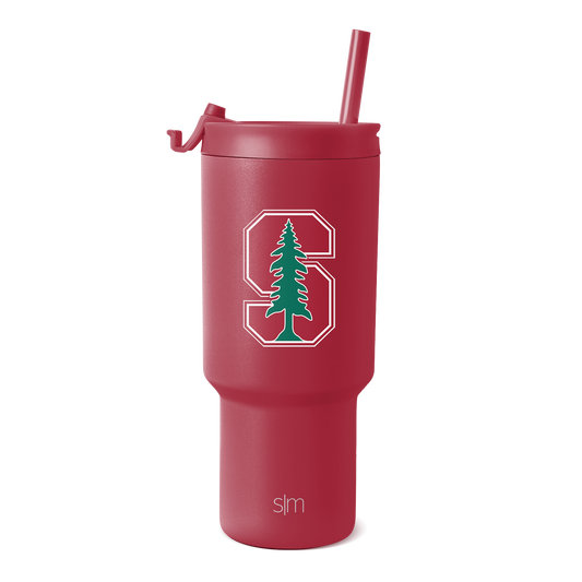 Burgundy wine-red tumbler with green and white decorative graphics on white background.