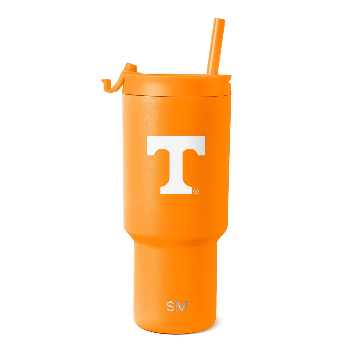 Bright orange tumbler with matching orange straw on white background