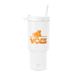 White tumbler with white lid and straw, featuring bright orange graphic design on white background