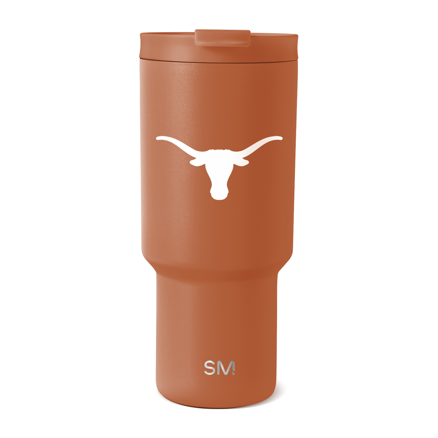 Terracotta orange matte tumbler with tapered lower section and white accents